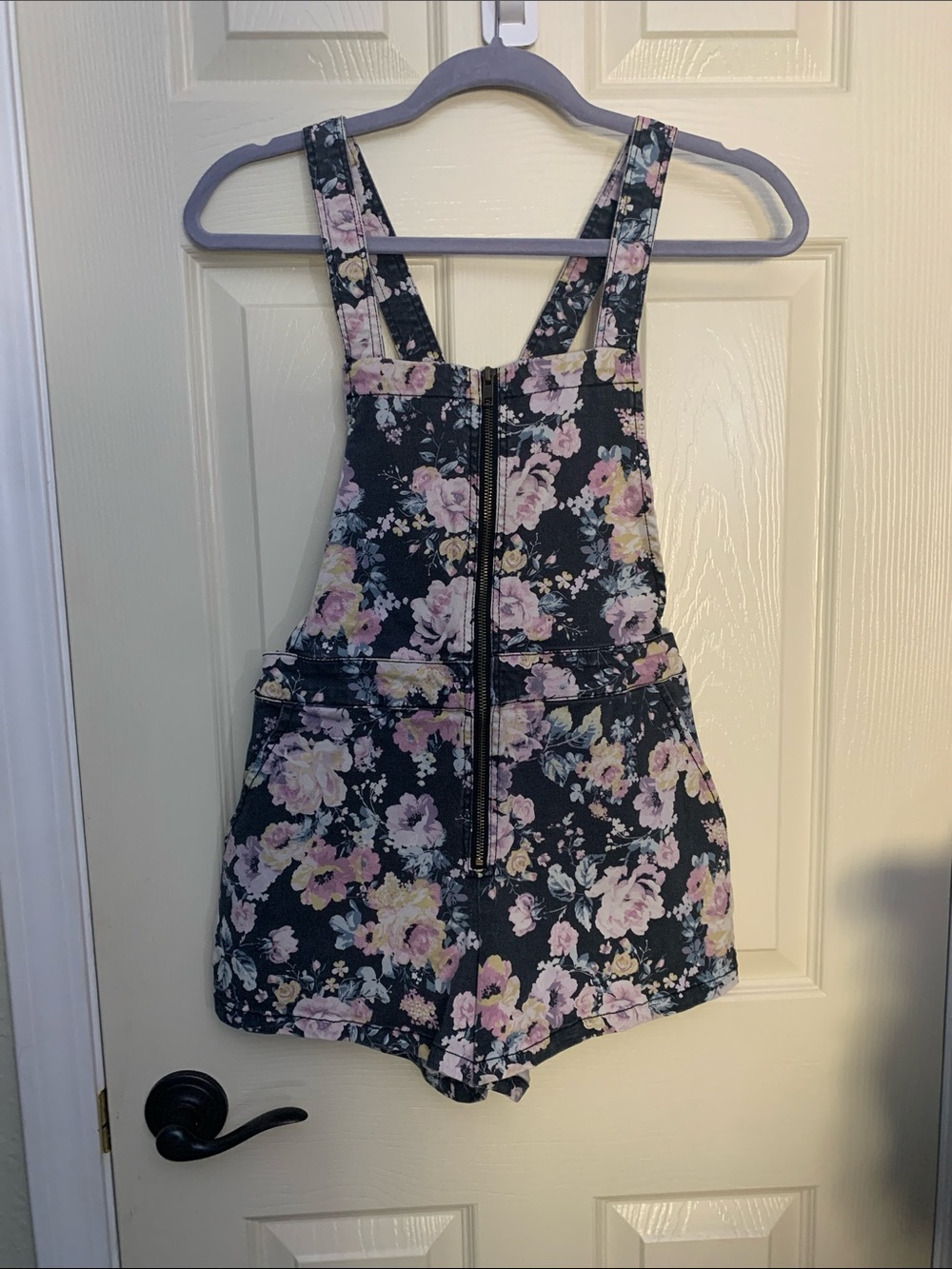 Wild Fable Black Floral Short Overalls with Pastel Blooms